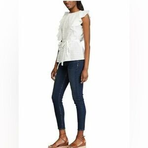 Chaps Women’s white top, ruffles from shoulder to waist, belted, size large